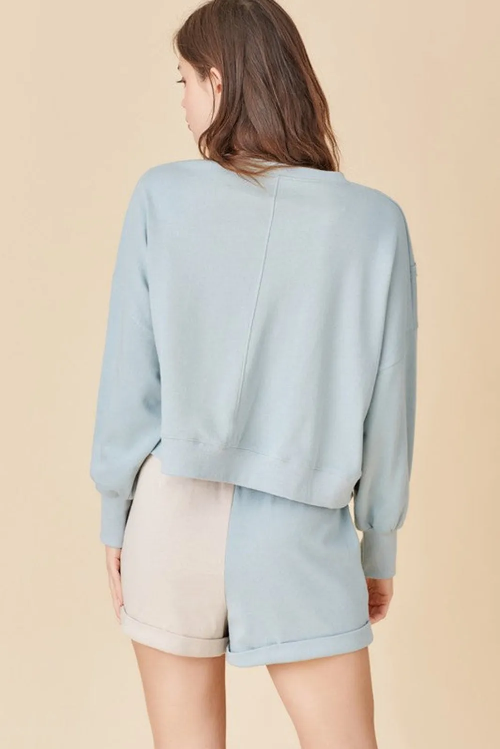 Sky Blue Expose Seam Split Sweatshirt Color Block Shorts Set