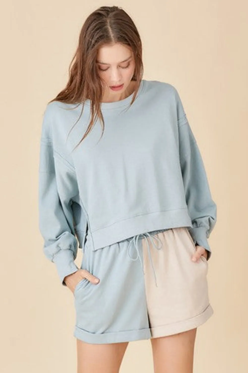 Sky Blue Expose Seam Split Sweatshirt Color Block Shorts Set