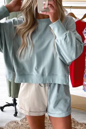 Sky Blue Expose Seam Split Sweatshirt Color Block Shorts Set