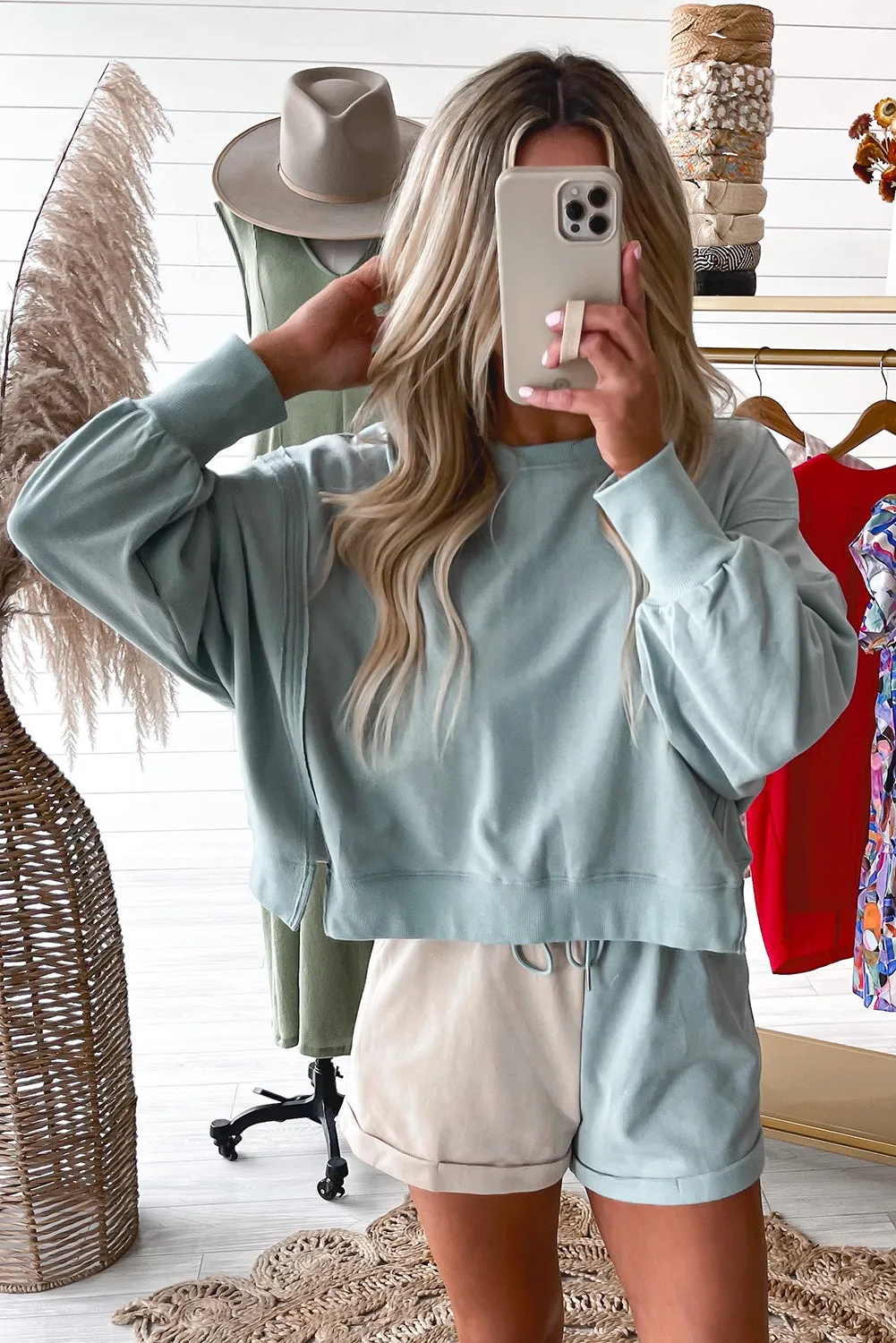 Sky Blue Expose Seam Split Sweatshirt Color Block Shorts Set