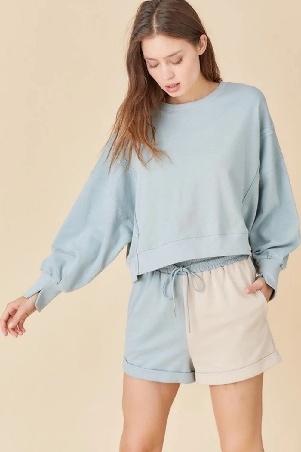 Sky Blue Expose Seam Split Sweatshirt Color Block Shorts Set