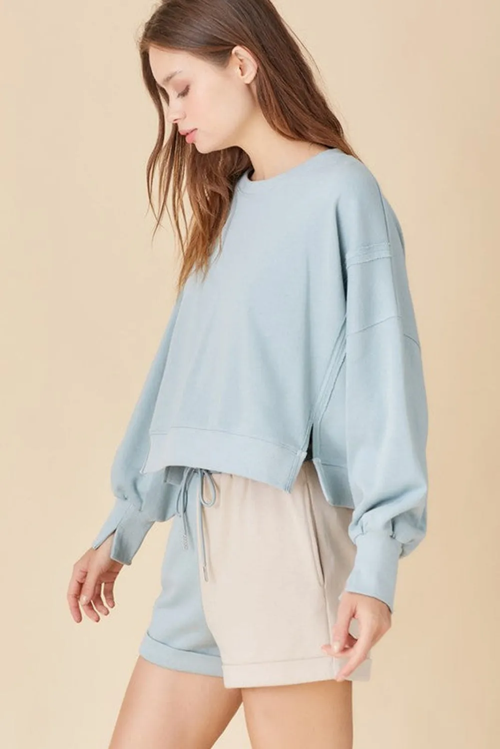 Sky Blue Expose Seam Split Sweatshirt Color Block Shorts Set