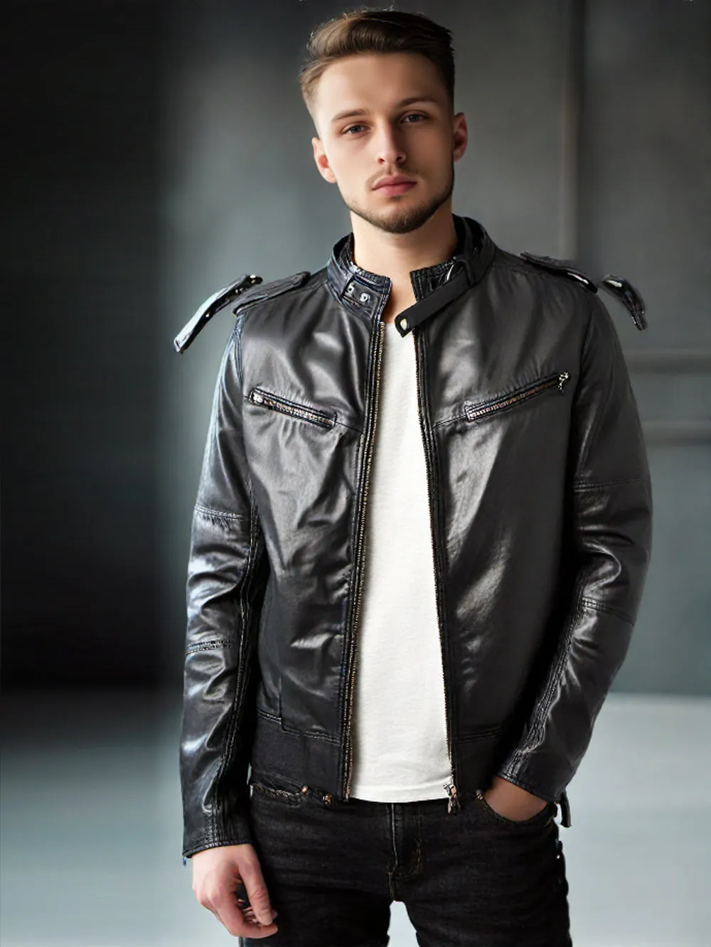 Stand Collar Classy Leather Bomber Jackets for Men