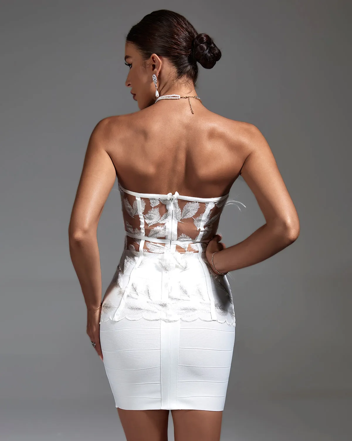 Strapless Cutout Feather Bandage Skirt Set