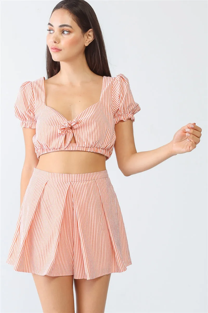 Stripe Print Self-tie Crop Top & High Waist Shorts Set