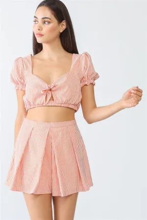 Stripe Print Self-tie Crop Top & High Waist Shorts Set