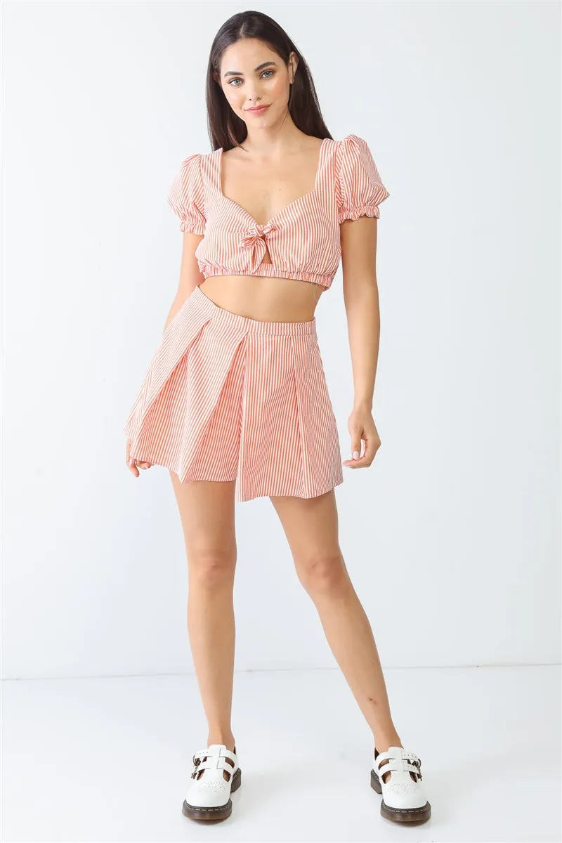 Stripe Print Self-tie Crop Top & High Waist Shorts Set