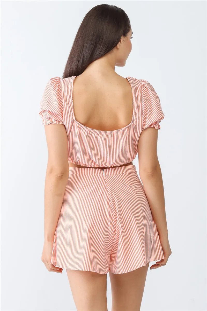 Stripe Print Self-tie Crop Top & High Waist Shorts Set