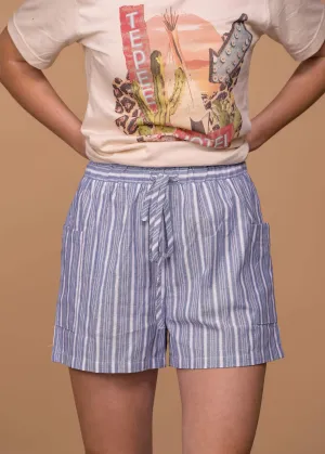 Striped Shorts With Tie Front - Denim