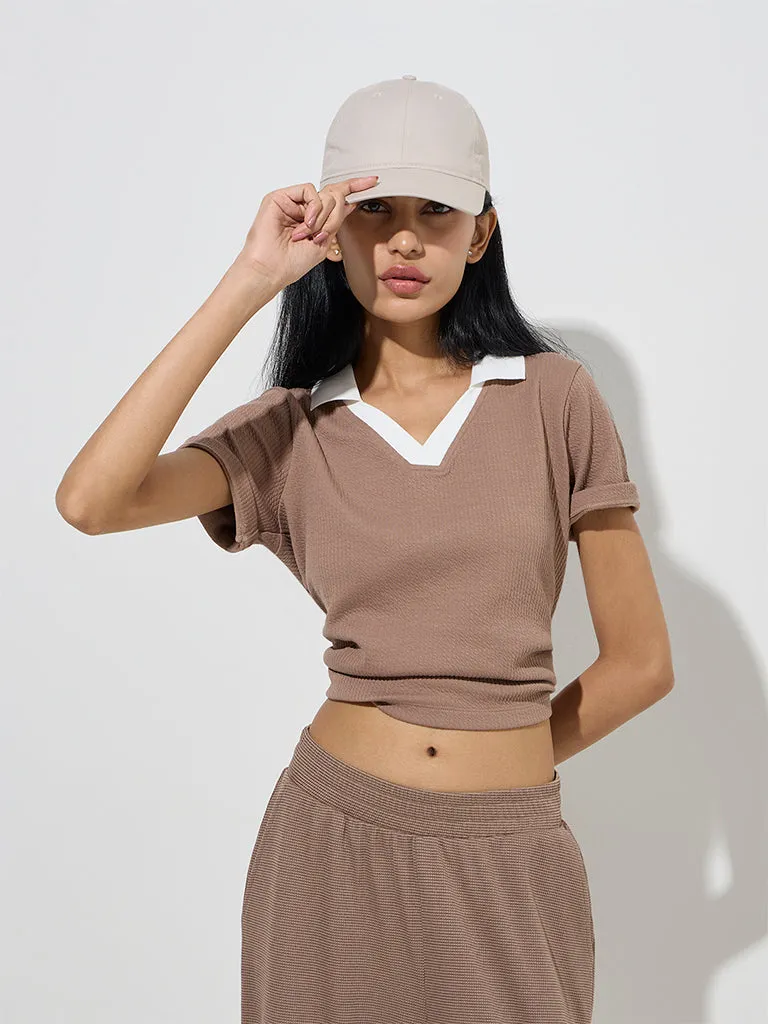 Studiofit Taupe Self-Textured T-Shirt