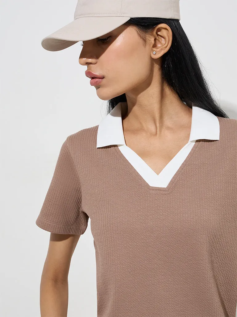Studiofit Taupe Self-Textured T-Shirt