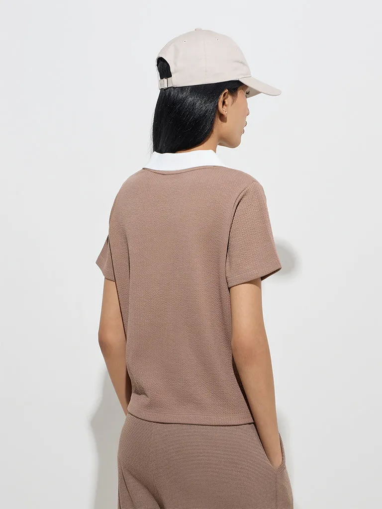Studiofit Taupe Self-Textured T-Shirt