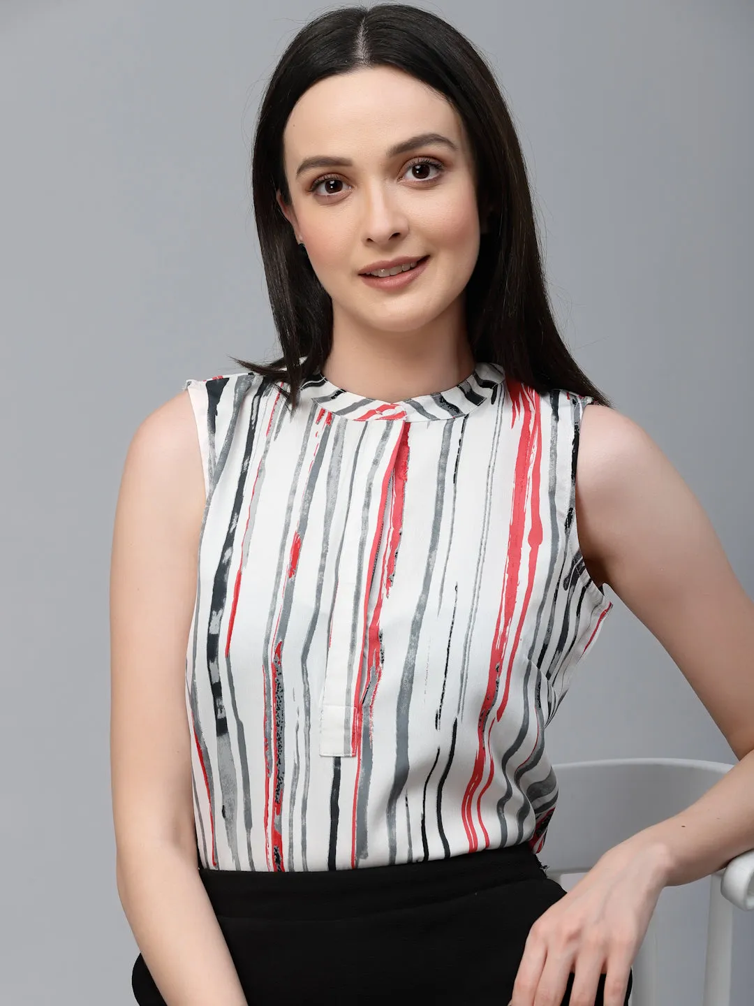 Style Quotient Women Off White And Multi Stripe Polyester Regular Smart Casual Sleeveless Top