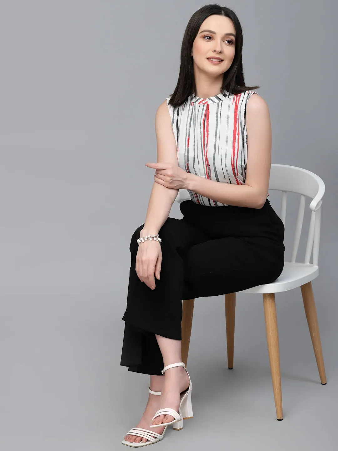 Style Quotient Women Off White And Multi Stripe Polyester Regular Smart Casual Sleeveless Top