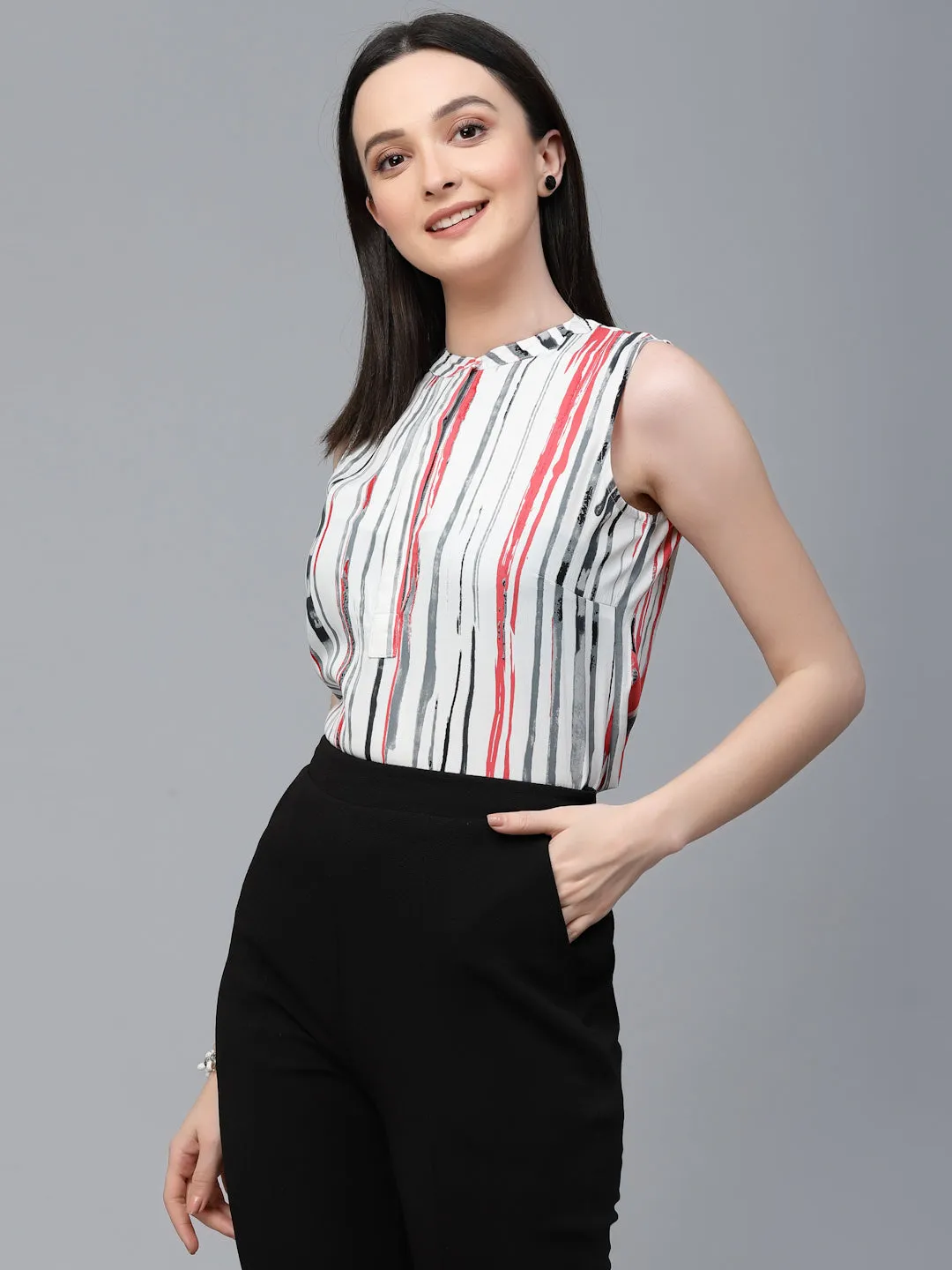 Style Quotient Women Off White And Multi Stripe Polyester Regular Smart Casual Sleeveless Top