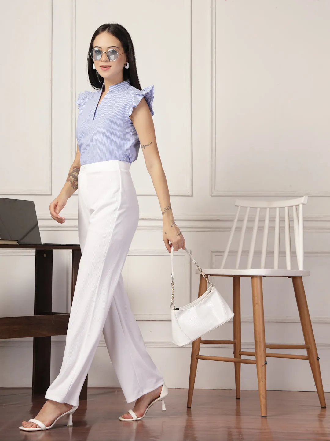 Style Quotient Women polycotton blue and white stripe shirt