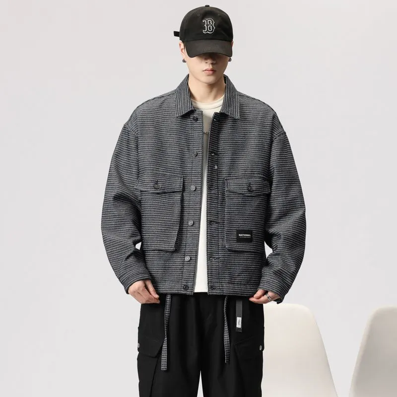 Stylish Men's Denim Trucker Jacket Featuring Large Pockets and Drawstring Hem