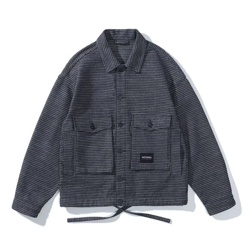 Stylish Men's Denim Trucker Jacket Featuring Large Pockets and Drawstring Hem