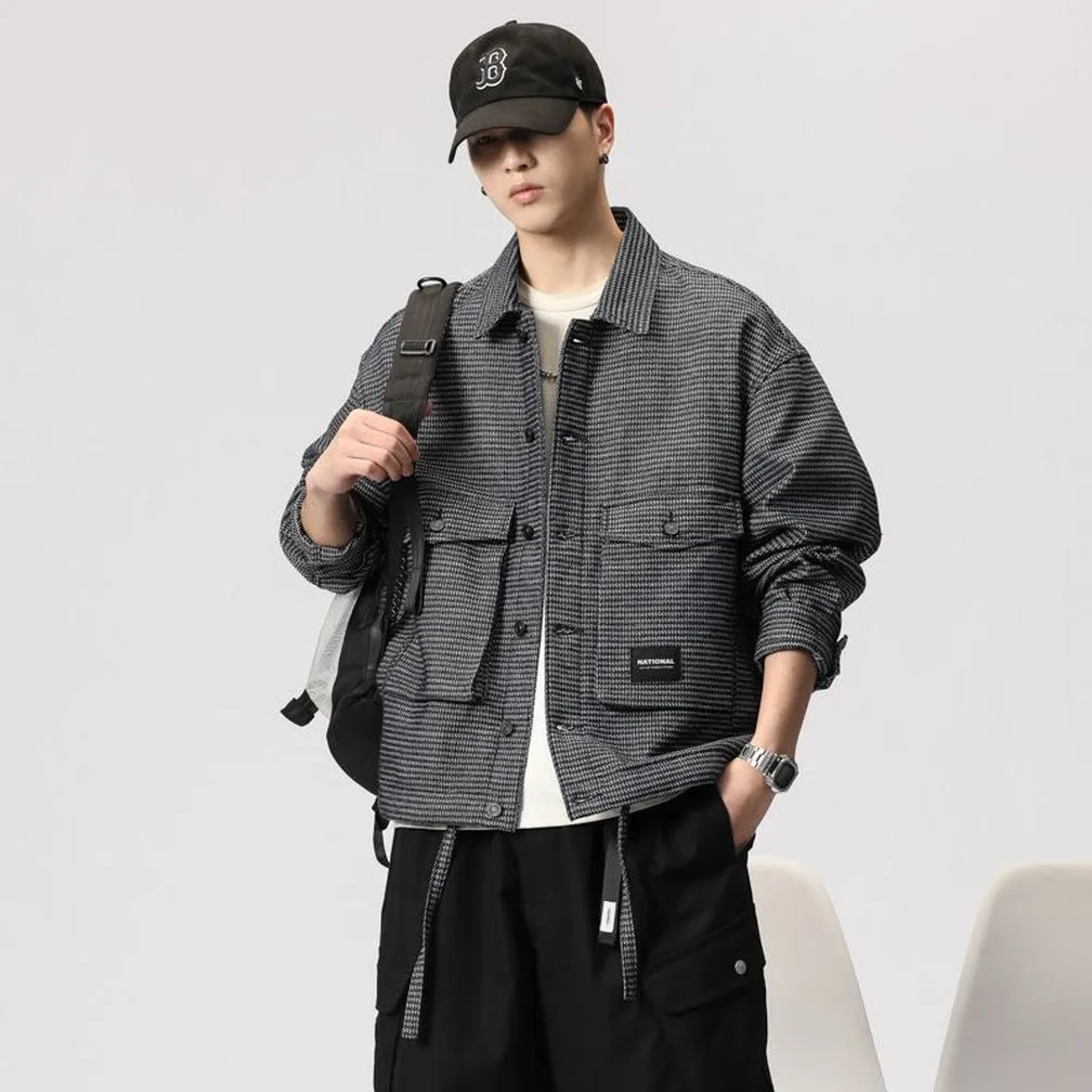 Stylish Men's Denim Trucker Jacket Featuring Large Pockets and Drawstring Hem