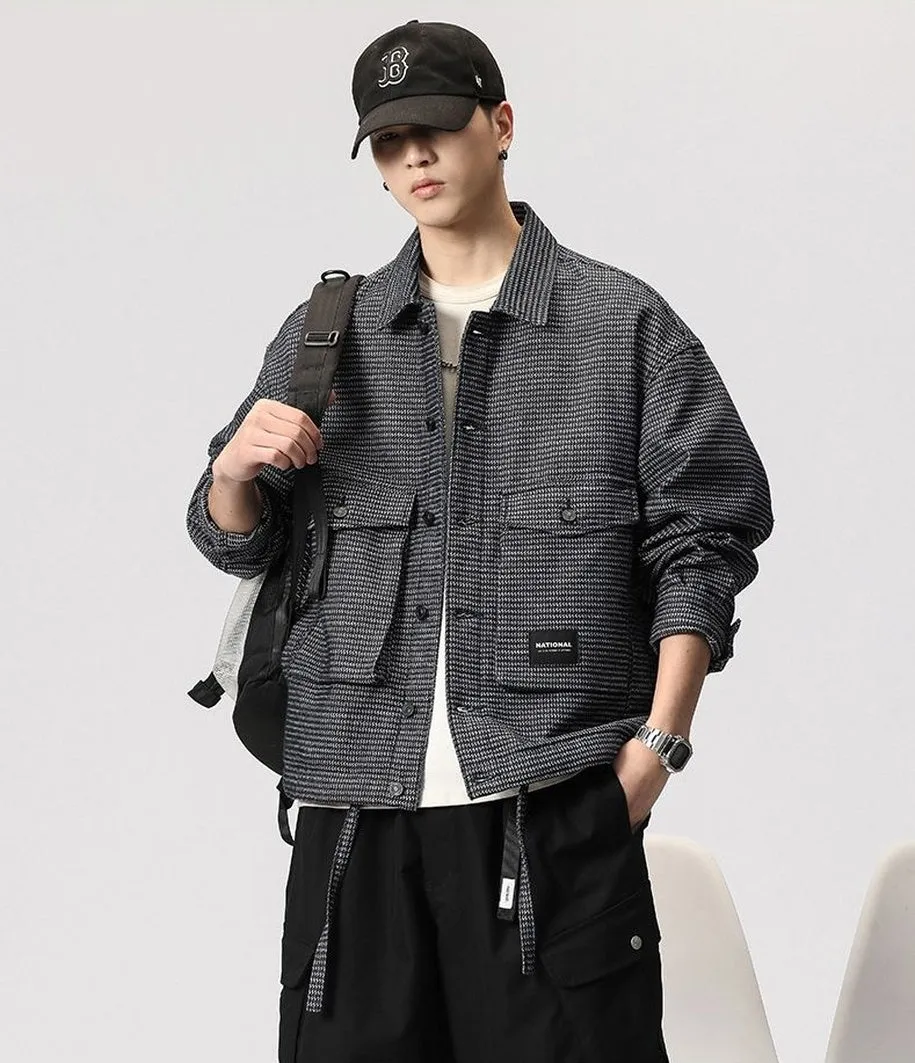 Stylish Men's Denim Trucker Jacket Featuring Large Pockets and Drawstring Hem
