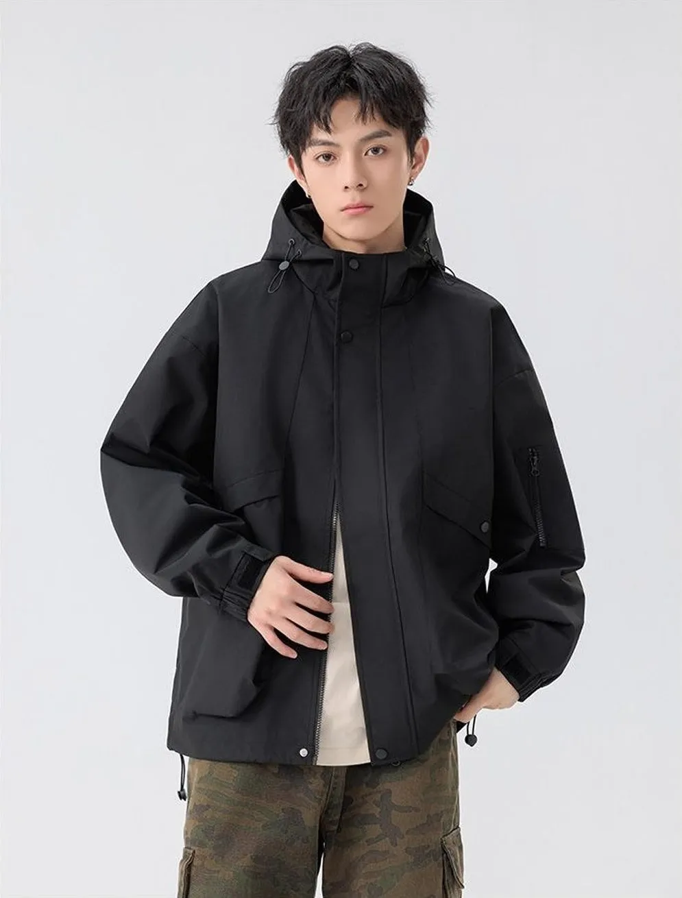 Stylish Zip Up Men's Raincoat with Stand-Up Collar and Elastic Band Cuff