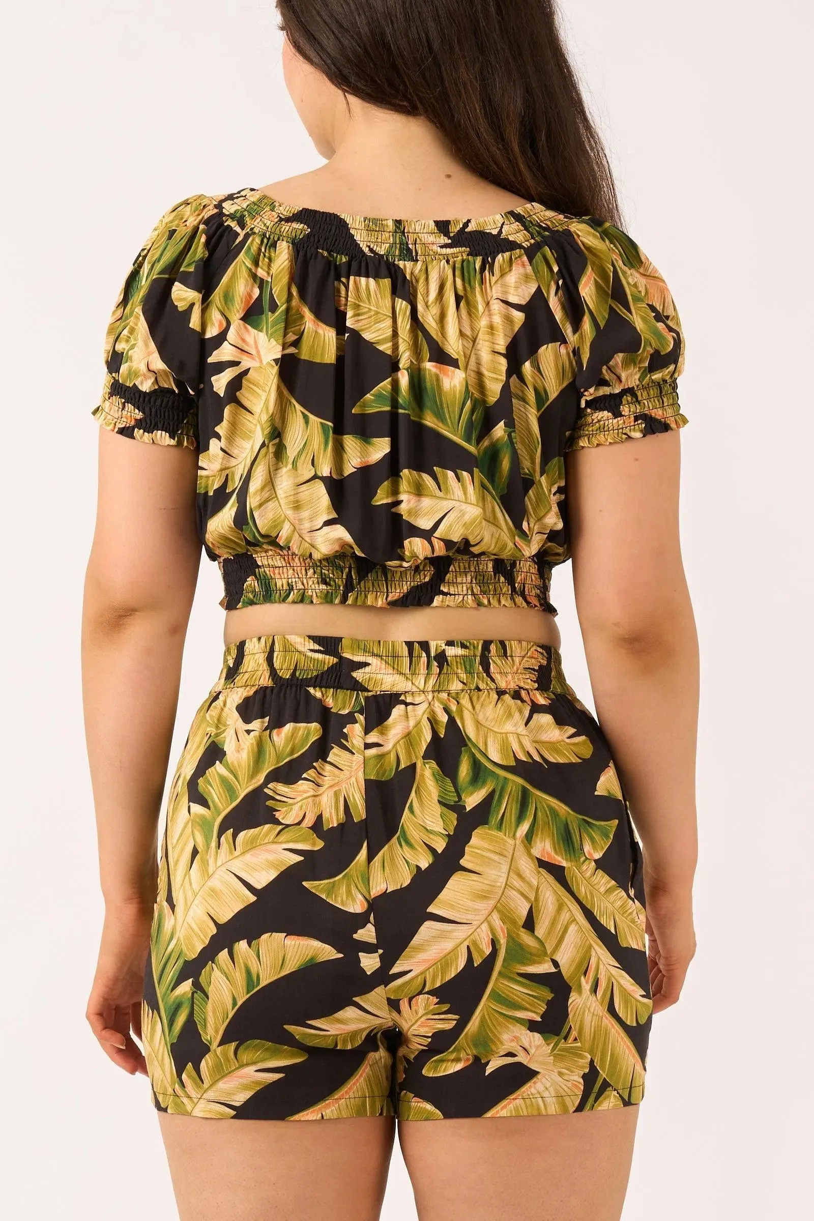 Sustainable Viscose Pull On Short - Black Tropical Leaf