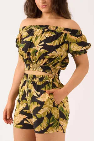 Sustainable Viscose Pull On Short - Black Tropical Leaf