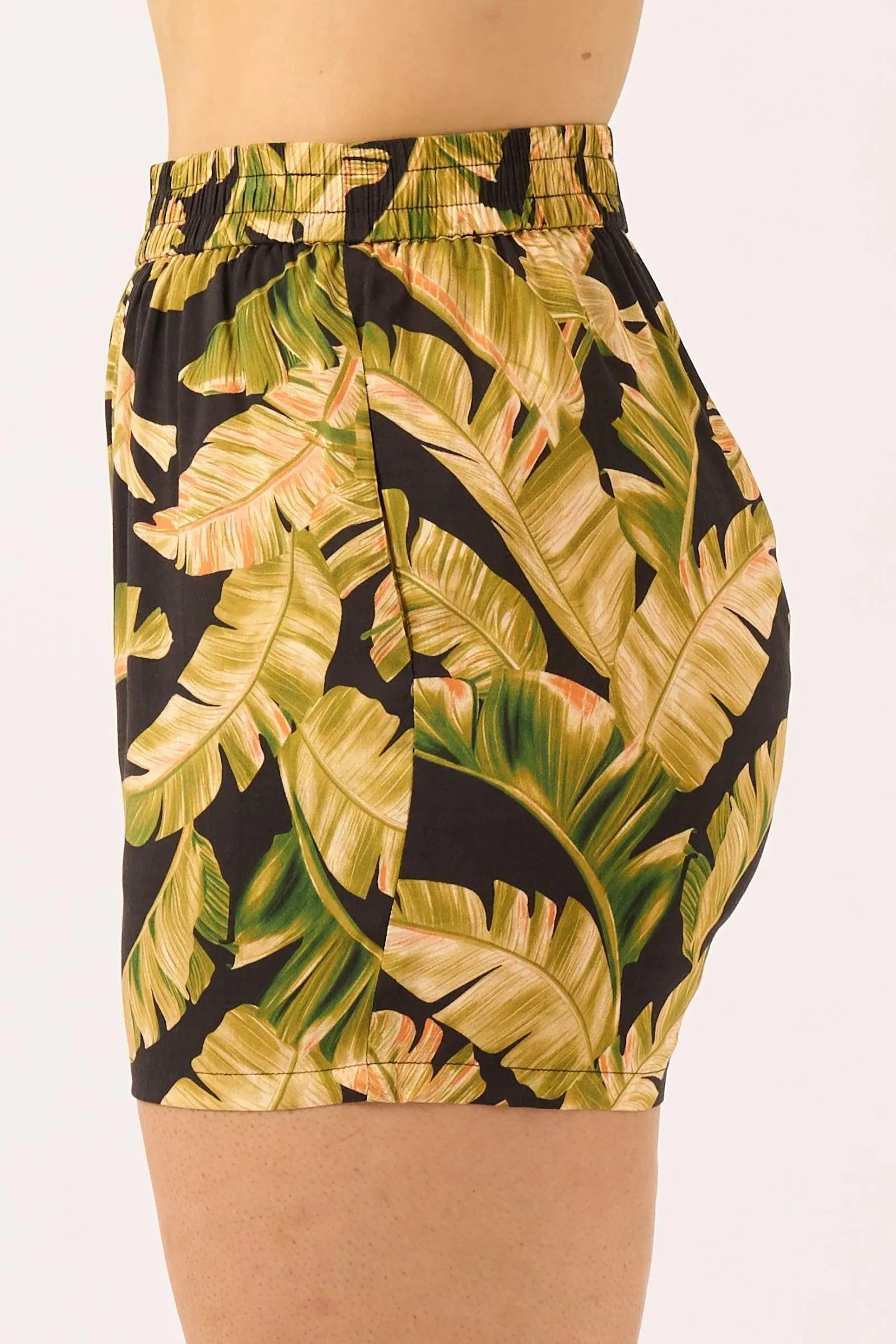 Sustainable Viscose Pull On Short - Black Tropical Leaf