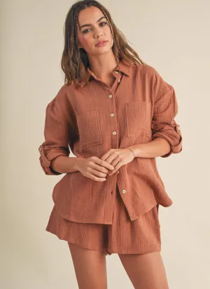 Tawny Gauze Lounge Button Up