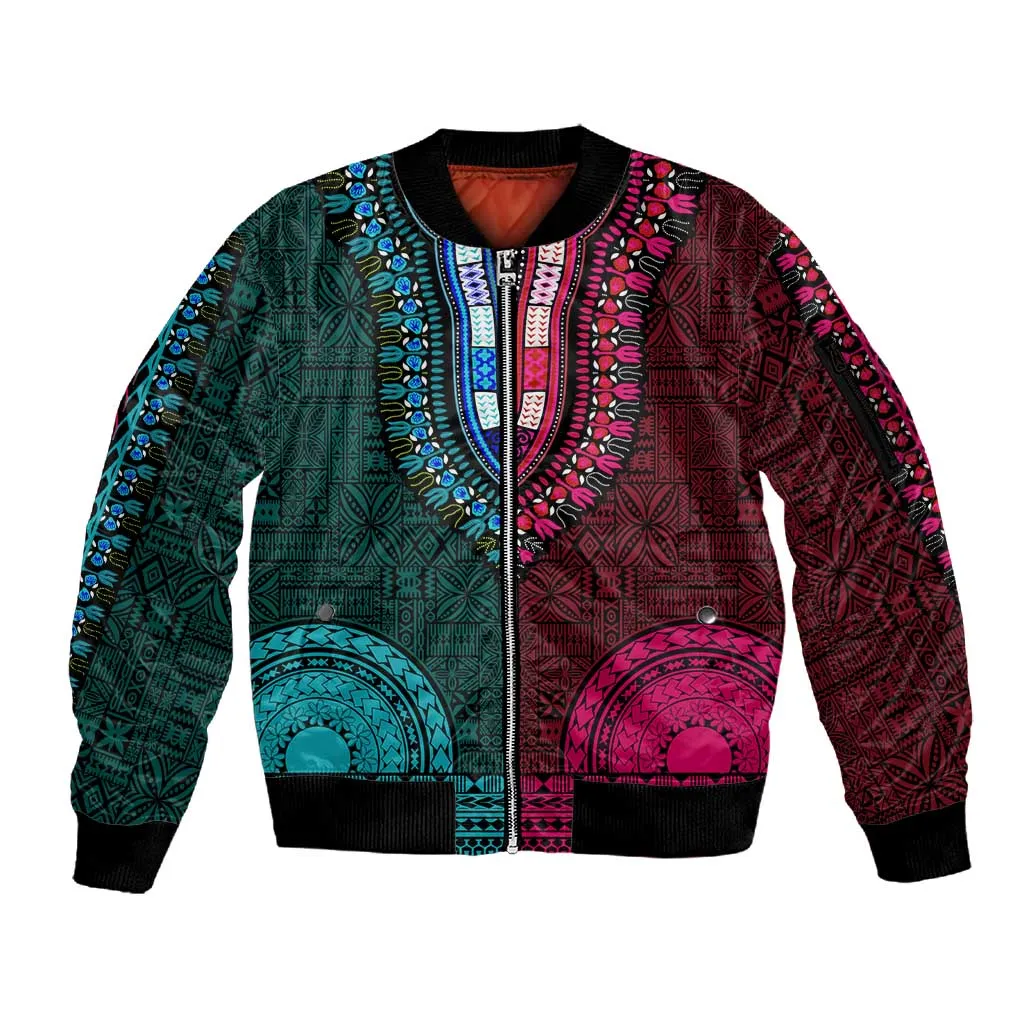 Teal-pink Dashiki and Tapa Pattern Sleeve Zip Bomber Jacket Africa-Polynesia Together Culture LT9