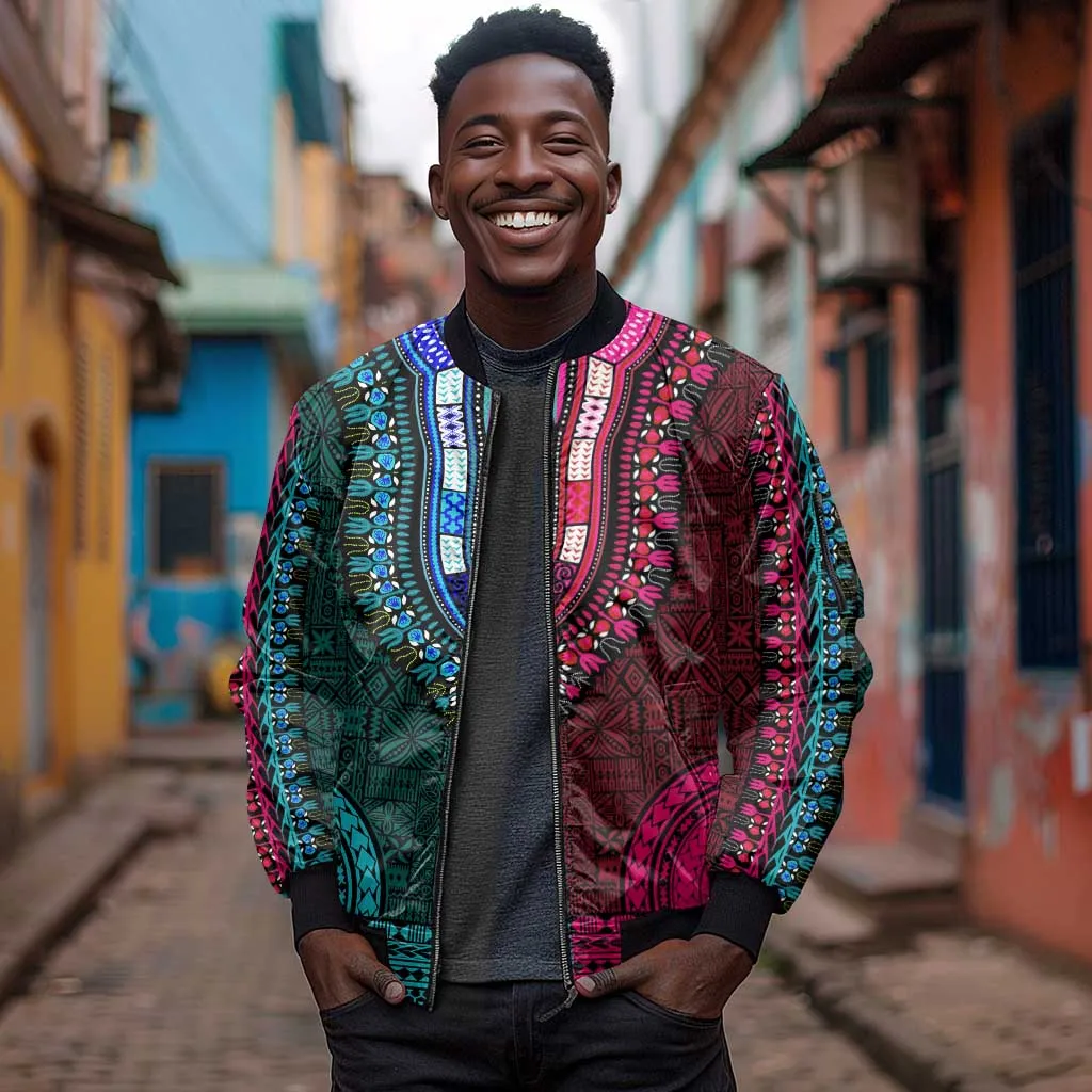 Teal-pink Dashiki and Tapa Pattern Sleeve Zip Bomber Jacket Africa-Polynesia Together Culture LT9