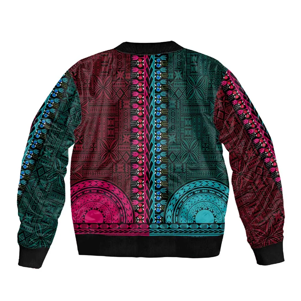 Teal-pink Dashiki and Tapa Pattern Sleeve Zip Bomber Jacket Africa-Polynesia Together Culture LT9