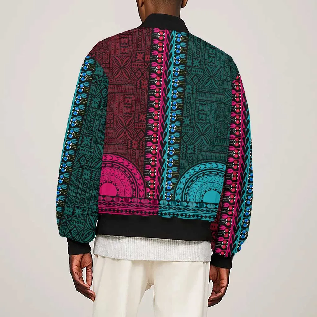 Teal-pink Dashiki and Tapa Pattern Sleeve Zip Bomber Jacket Africa-Polynesia Together Culture LT9
