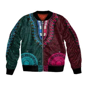 Teal-pink Dashiki and Tapa Pattern Sleeve Zip Bomber Jacket Africa-Polynesia Together Culture LT9