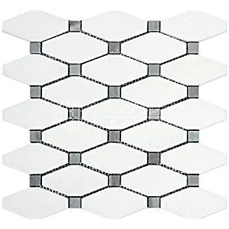 Thassos White Greek Marble Octave Pattern Mosaic Tile with Blue & Gray Marble Dots, Polished