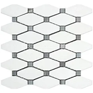 Thassos White Greek Marble Octave Pattern Mosaic Tile with Blue & Gray Marble Dots, Polished