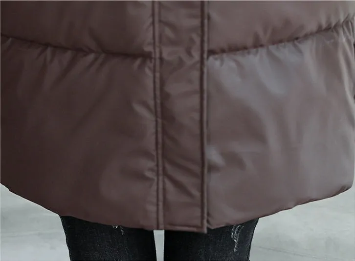 Thickened Quilted PU Leather Relaxed-fit Puffer Jacket for Stylish Women
