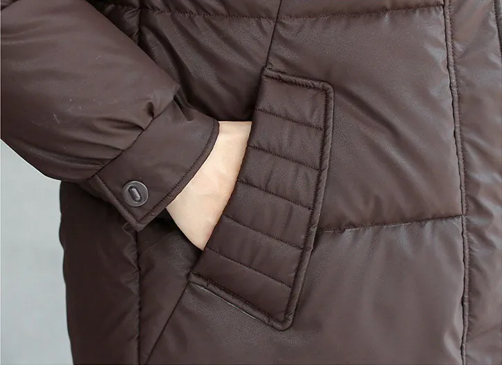 Thickened Quilted PU Leather Relaxed-fit Puffer Jacket for Stylish Women