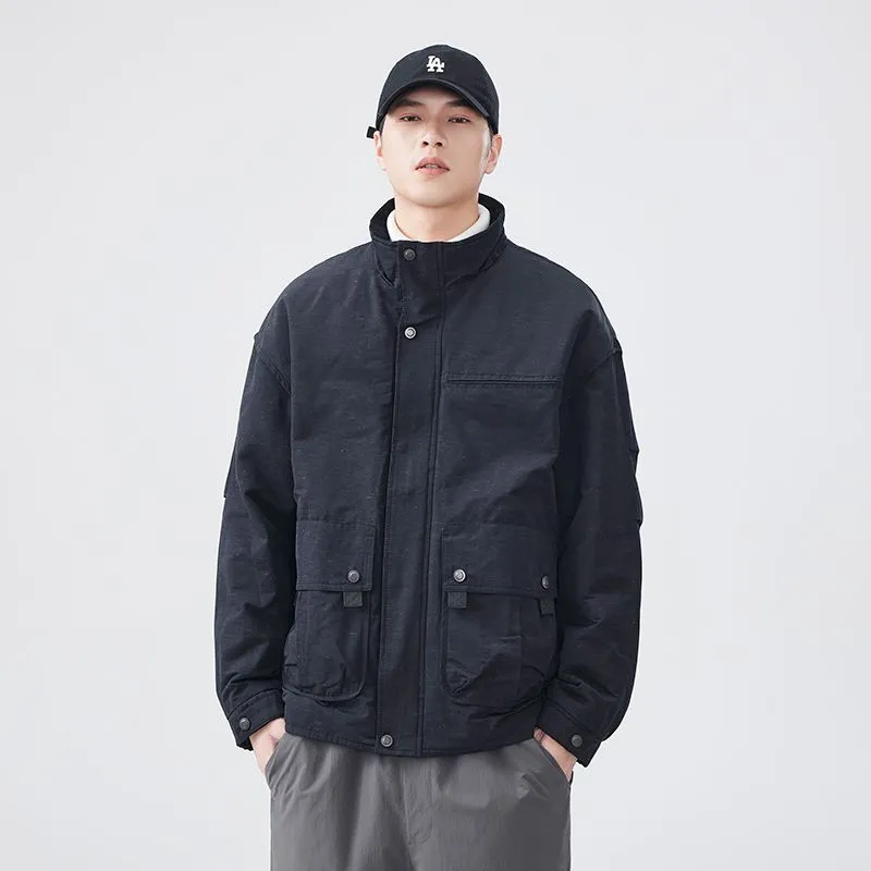 Thickened Solid Color Relaxed-fit Trucker Jacket for Men
