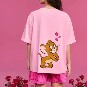 TOM &amp; JERRY  Cartoon Heart Print Short Sleeve And Shorts Pajama Set
