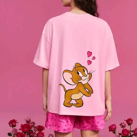 TOM &amp; JERRY  Cartoon Heart Print Short Sleeve And Shorts Pajama Set