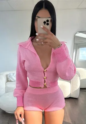 Trendy Turndown Collar Long-Sleeve Top and Shorts Two-Piece Set