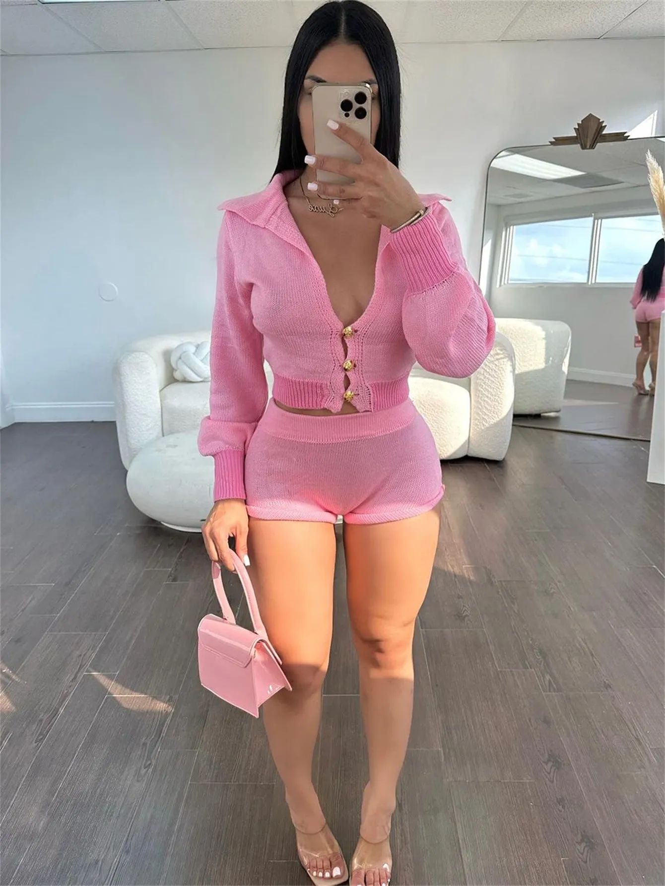 Trendy Turndown Collar Long-Sleeve Top and Shorts Two-Piece Set