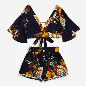 Two Piece Set  V Collar Top Shorts