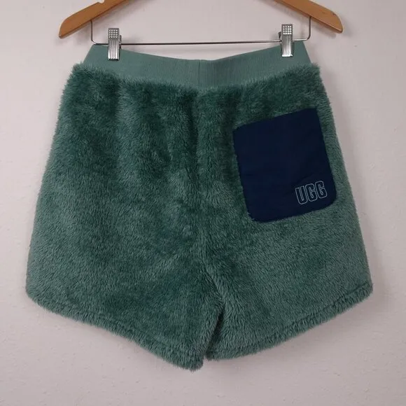 UGG Camilia Sherpa Shorts Women's Size M Green Furry Fleece Soft Elastic Waist