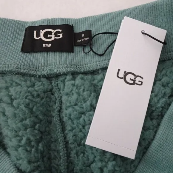 UGG Camilia Sherpa Shorts Women's Size M Green Furry Fleece Soft Elastic Waist