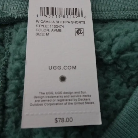 UGG Camilia Sherpa Shorts Women's Size M Green Furry Fleece Soft Elastic Waist
