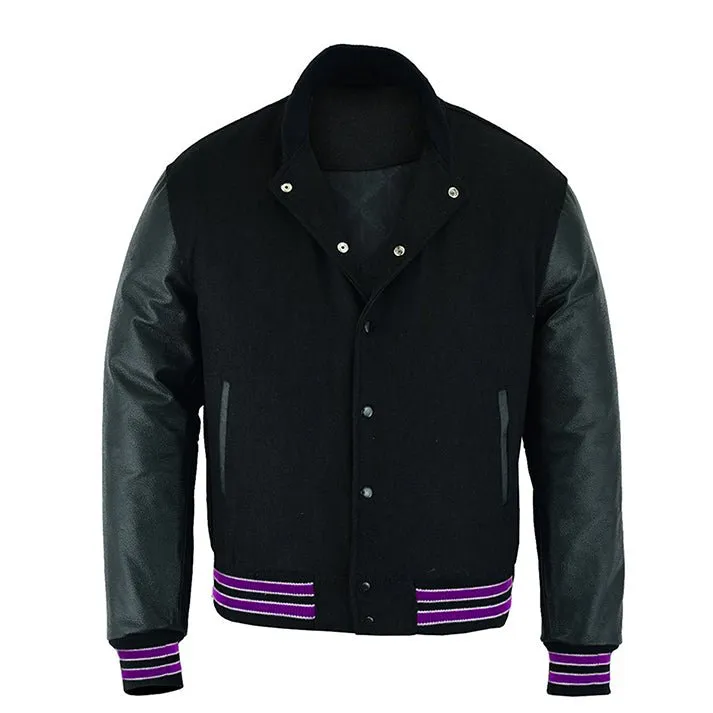Varsity Jacket - Solid Black/Multi Purple Trim