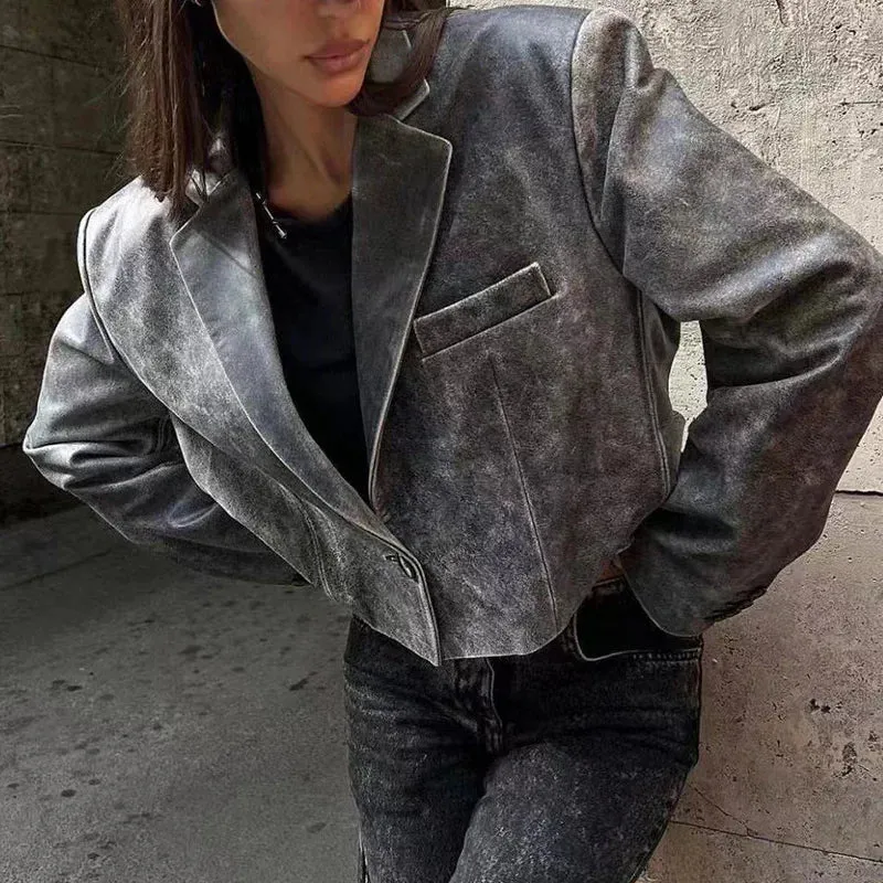 Vivica - Distressed Cropped Leather Suit Jacket