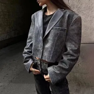 Vivica - Distressed Cropped Leather Suit Jacket